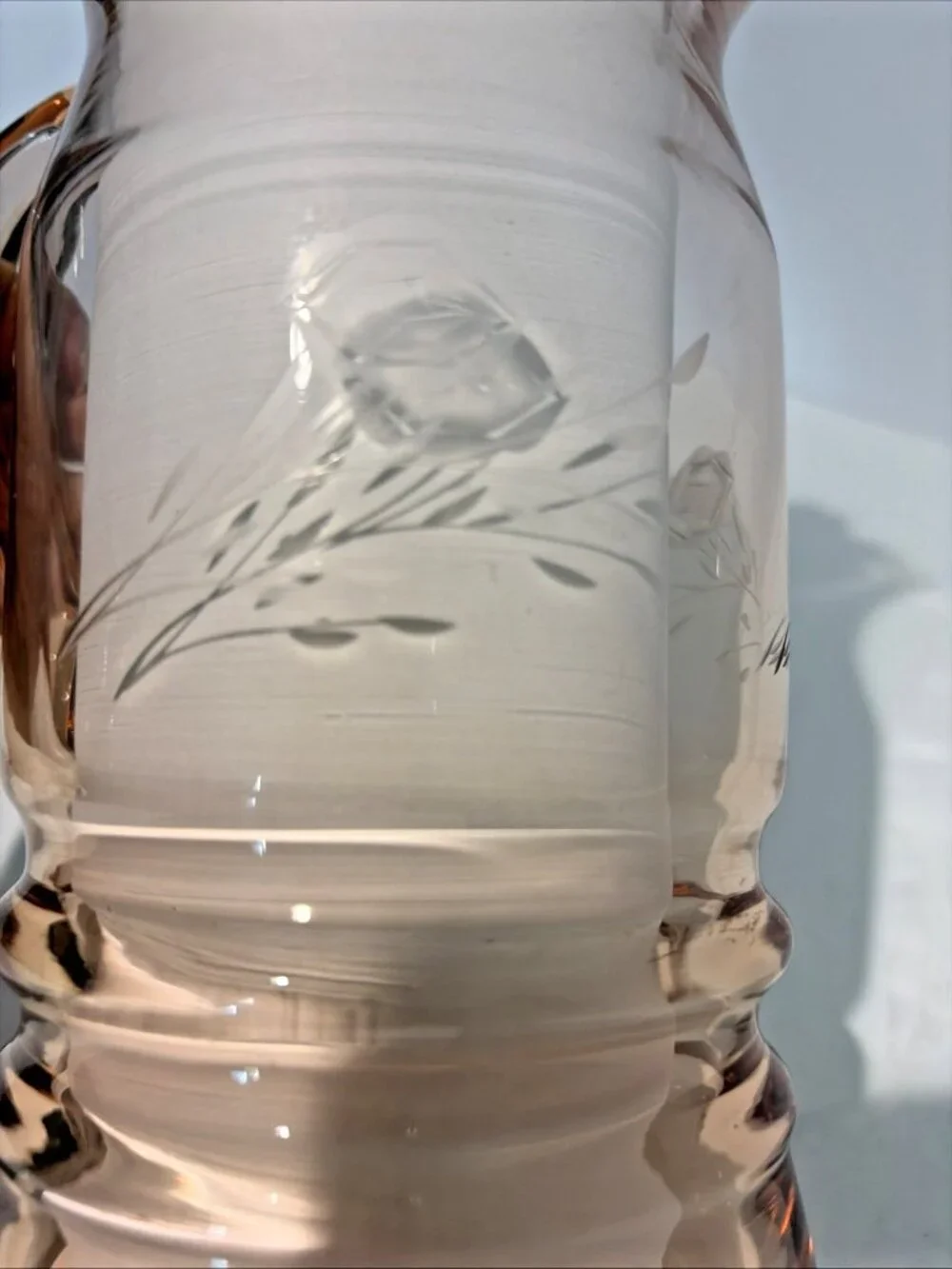 Vintage Pink Depression Glass Etched Pitcher 1 Quart Ribbed Flowers 1930s